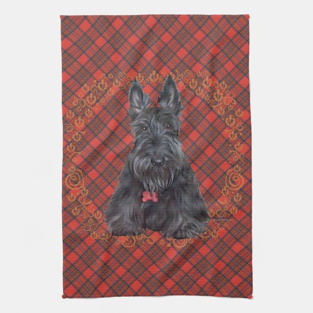 Scottish Terrier on Tartan Kitchen Towel (Vertical)