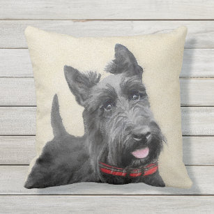 Scottish Terrier Painting - Cute Original Dog Art Outdoor Pillow