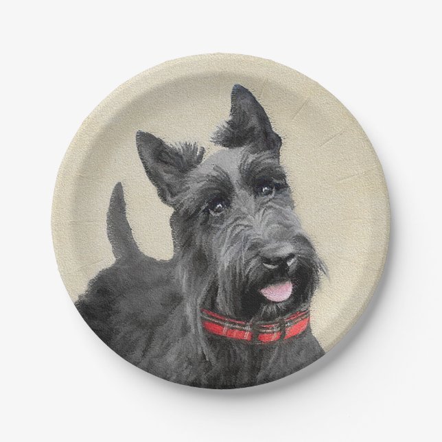 Scottish Terrier Painting - Cute Original Dog Art Paper Plates (Front)