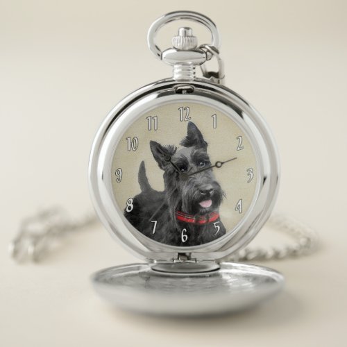 Scottish Terrier Painting _ Cute Original Dog Art Pocket Watch