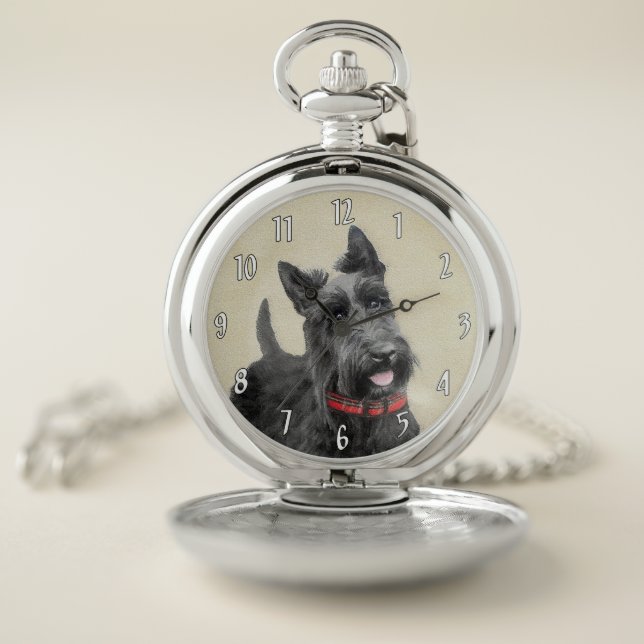 Scottish Terrier Painting - Cute Original Dog Art Pocket Watch (Inside)