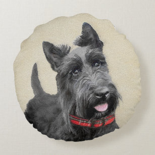Scottish Terrier Painting - Cute Original Dog Art Round Pillow