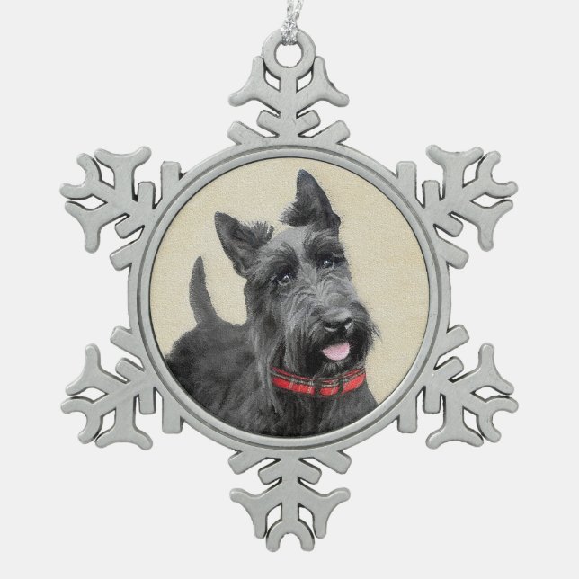 Scottish Terrier Painting - Cute Original Dog Art Snowflake Pewter Christmas Ornament (Front)