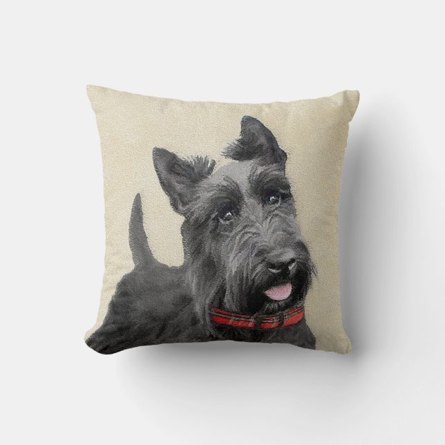 Scottish Terrier Painting - Cute Original Dog Art Throw Pillow (Front)
