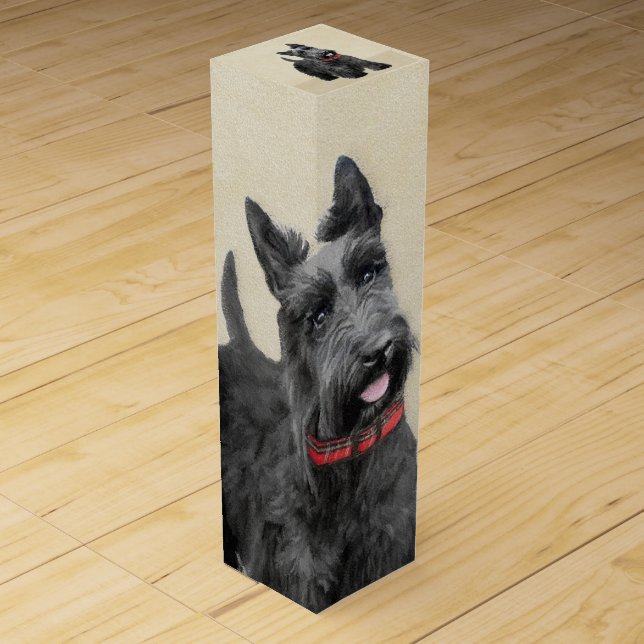 Scottish Terrier Painting - Cute Original Dog Art Wine Box (Front)