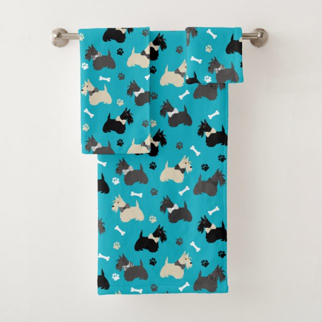 Scottish Terrier Paws and Bones Blue Bath Towel Set (Insitu)