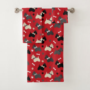 Scottish Terrier Paws and Bones Red Bath Towel Set