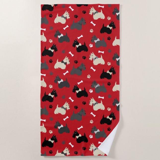 Scottish Terrier Paws and Bones Red Beach Towel (Front)