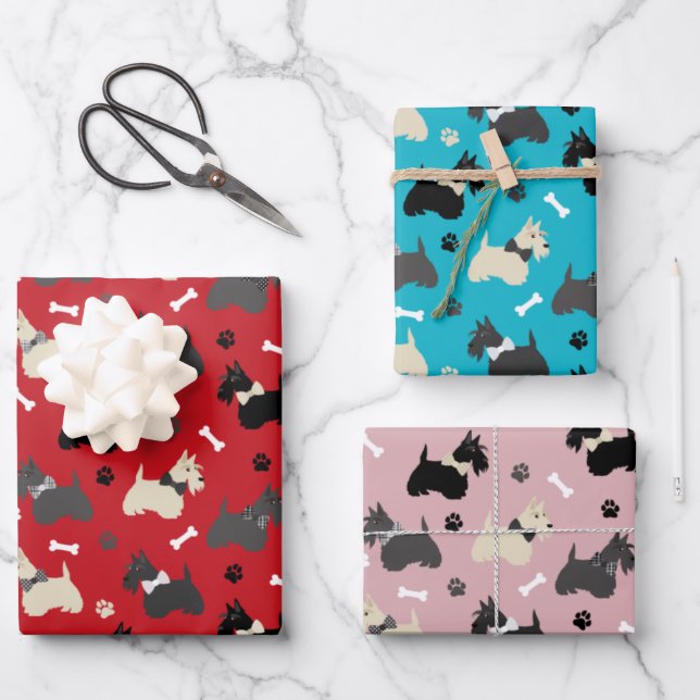 Scottish Terrier Paws and Bones Red Blue Pink Wrapping Paper Sheets (Front)