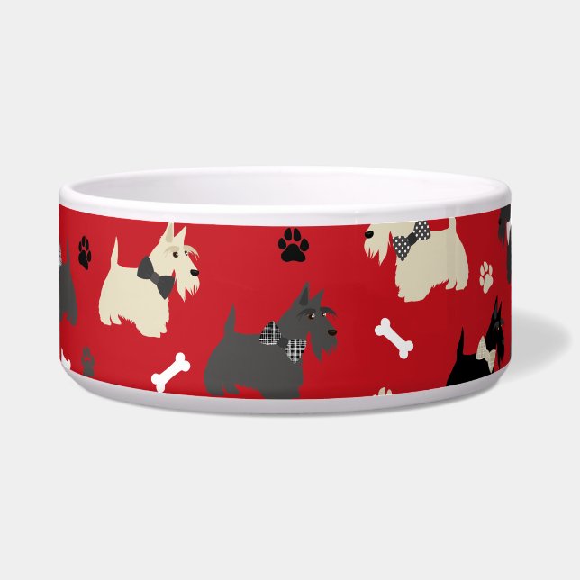 Scottish Terrier Paws and Bones Red Bowl (Front)
