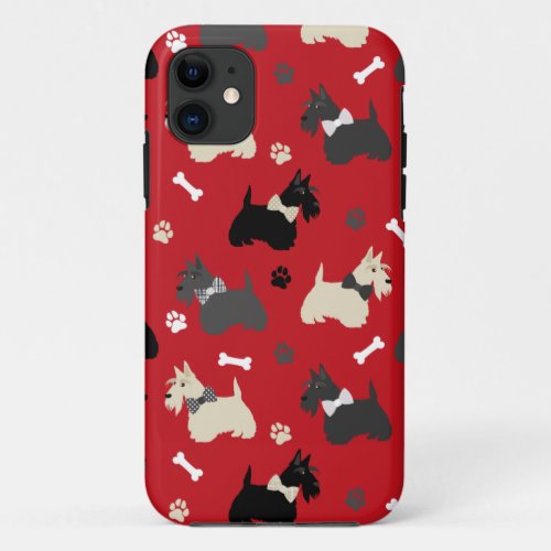 Scottish Terrier Paws and Bones Red iPhone 11 Case