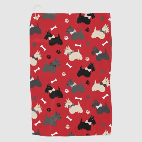 Scottish Terrier Paws and Bones Red Golf Towel