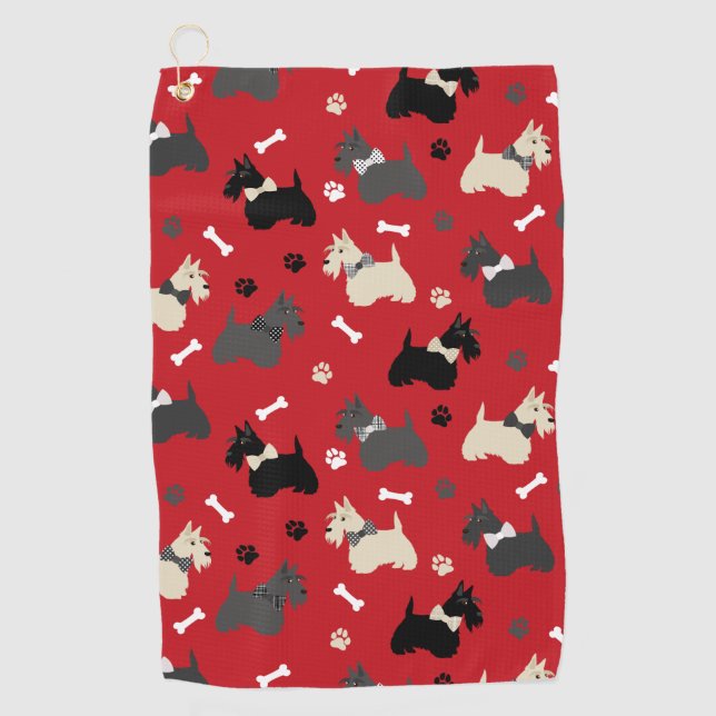 Scottish Terrier Paws and Bones Red Golf Towel (Front)