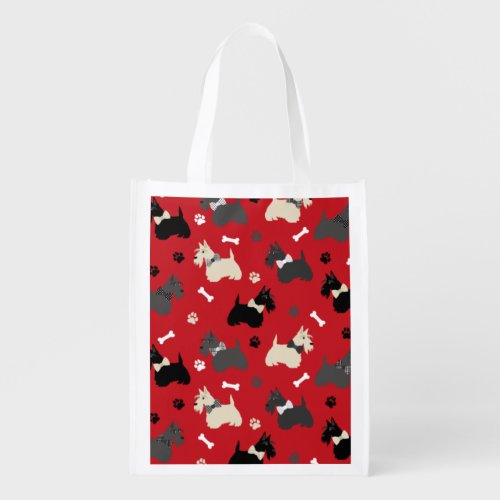 Scottish Terrier Paws and Bones Red Grocery Bag
