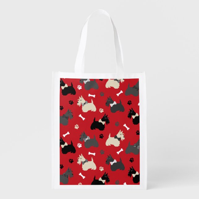 Scottish Terrier Paws and Bones Red Grocery Bag (Front)