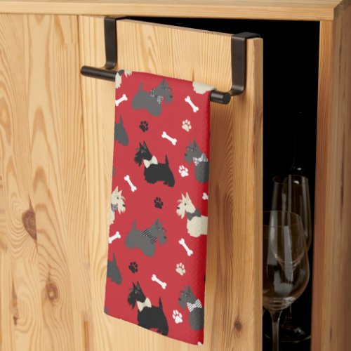Scottish Terrier Paws and Bones Red Kitchen Towel