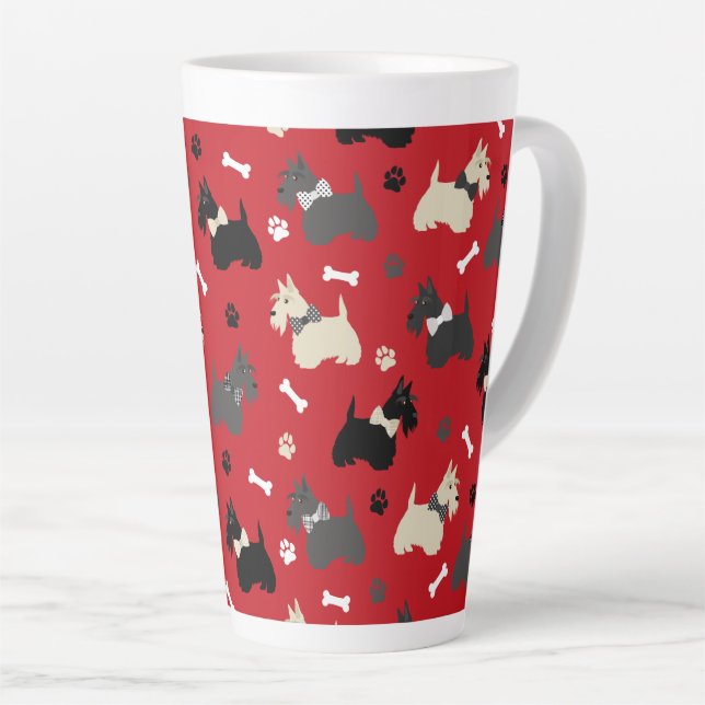 Scottish Terrier Paws and Bones Red Latte Mug (Right Angle)