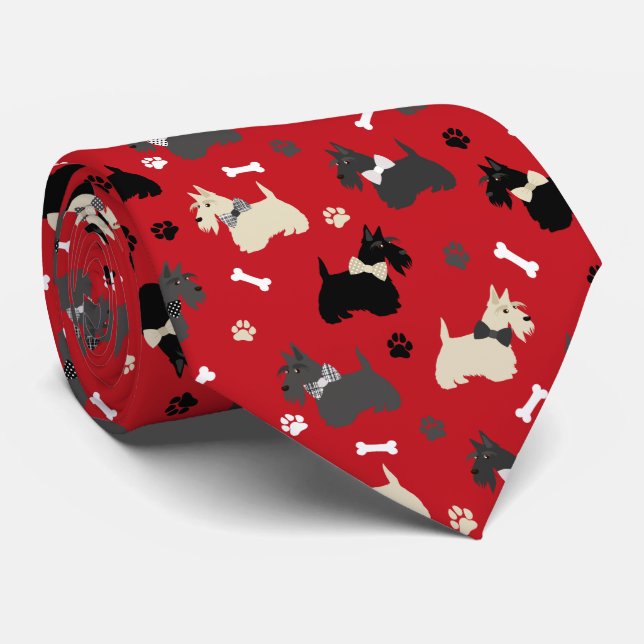 Scottish Terrier Paws and Bones Red Neck Tie (Rolled)