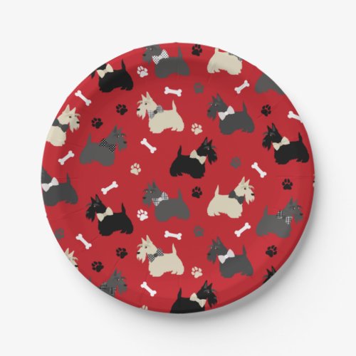 Scottish Terrier Paws and Bones Red Paper Plates