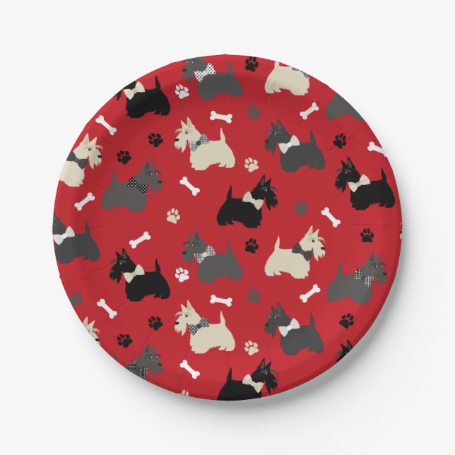 Scottish Terrier Paws and Bones Red Paper Plates (Front)