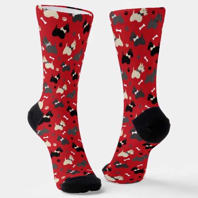 Scottish Terrier Paws and Bones Red Socks (Angled)