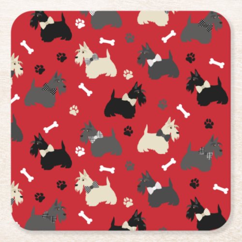 Scottish Terrier Paws and Bones Red Square Paper Coaster