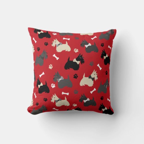 Scottish Terrier Paws and Bones Red Throw Pillow