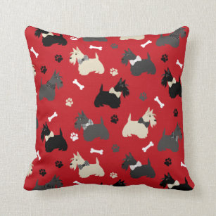 Scottish Terrier Paws and Bones Red Throw Pillow