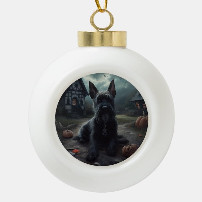 Scottish Terrier Pumpkins Halloween Scary Ceramic Ball Christmas Ornament (Front)