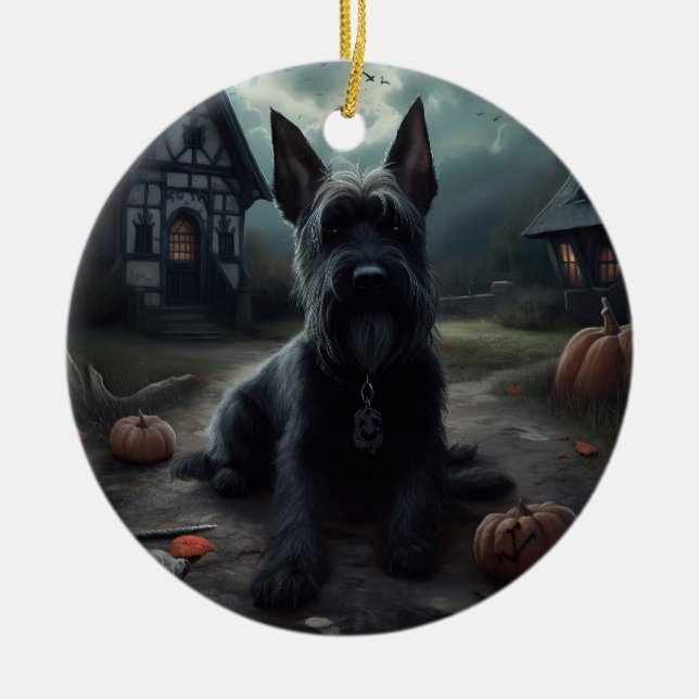 Scottish Terrier Pumpkins Halloween Scary Ceramic Ornament (Front)