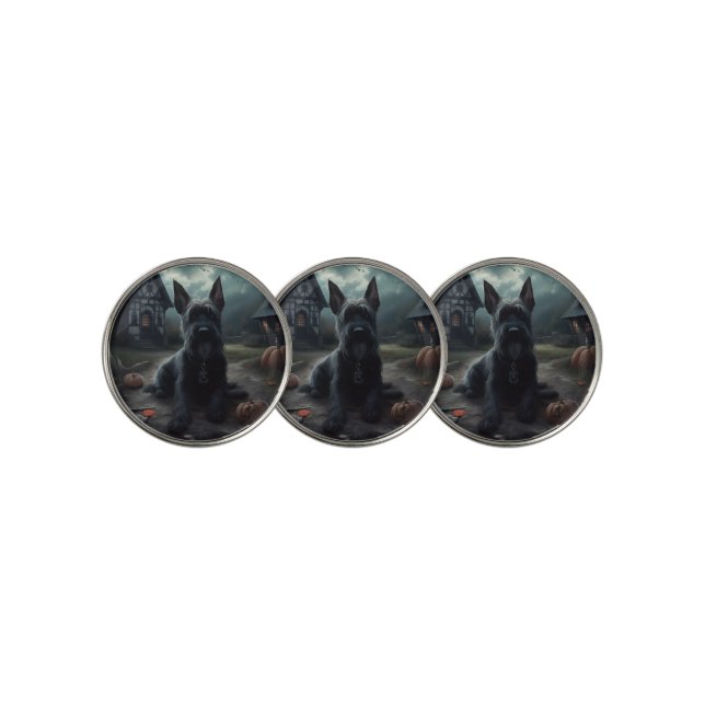 Scottish Terrier Pumpkins Halloween Scary Golf Ball Marker (3 Up)