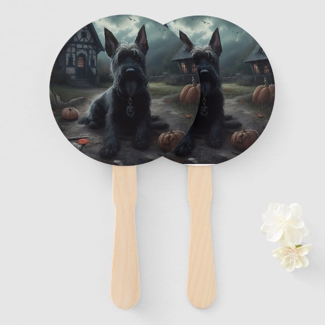 Scottish Terrier Pumpkins Halloween Scary Hand Fan (Front and Back)