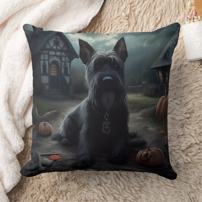 Scottish Terrier Pumpkins Halloween Scary Throw Pillow (Blanket)