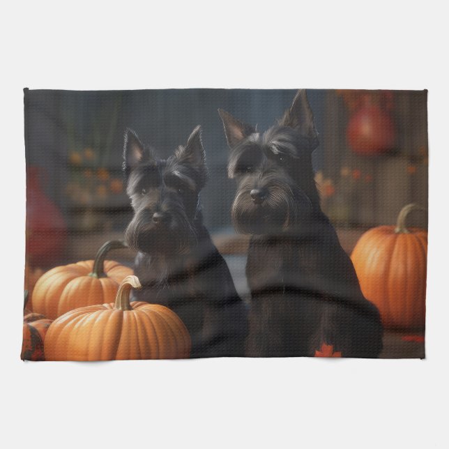 Scottish Terrier Puppy Autumn Delight Pumpkin Kitchen Towel (Horizontal)