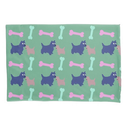 Scottish Terrier Puppy Bones Light Green PillowC Pillowcase