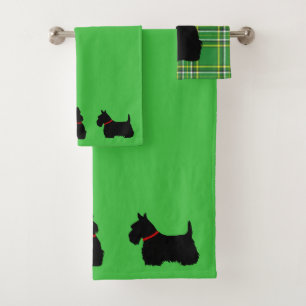 Scottish Terrier/red collar/green - green plaid Bath Towel Set