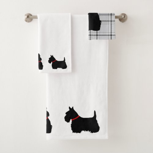 Scottish Terrierred collarwhite _ lt grey plaid Bath Towel Set