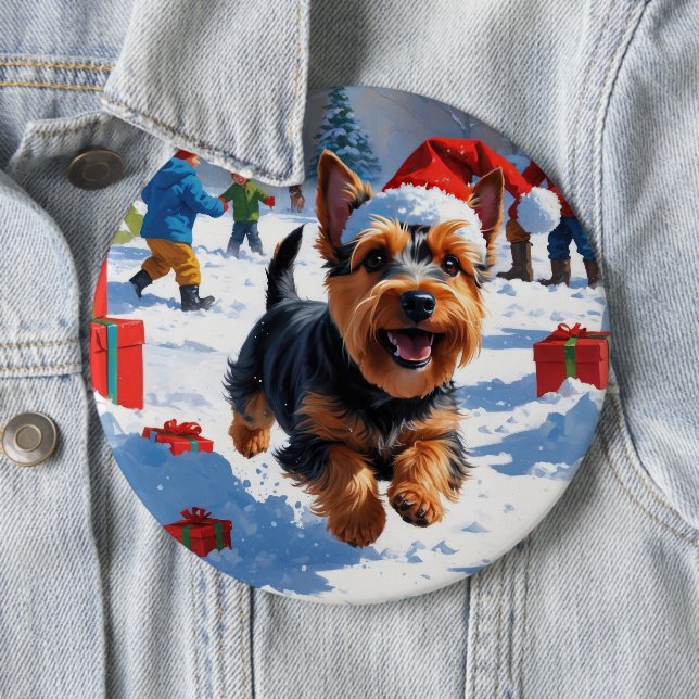 Scottish Terrier Running Snow with Christmas Hat Button (In Situ)
