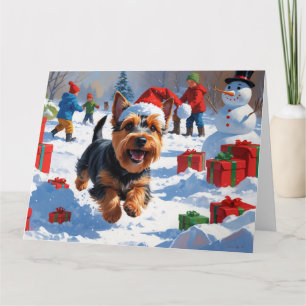 Scottish Terrier Running Snow with Christmas Hat Card