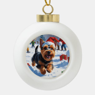 Scottish Terrier Running Snow with Christmas Hat Ceramic Ball Christmas Ornament