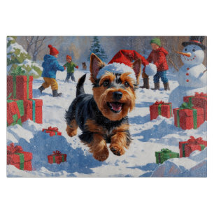 Scottish Terrier Running Snow with Christmas Hat Cutting Board