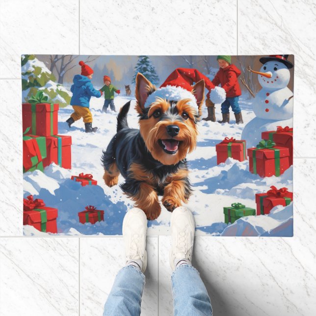 Scottish Terrier Running Snow with Christmas Hat Doormat (Indoor)