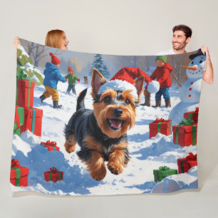 Scottish Terrier Running Snow with Christmas Hat Fleece Blanket