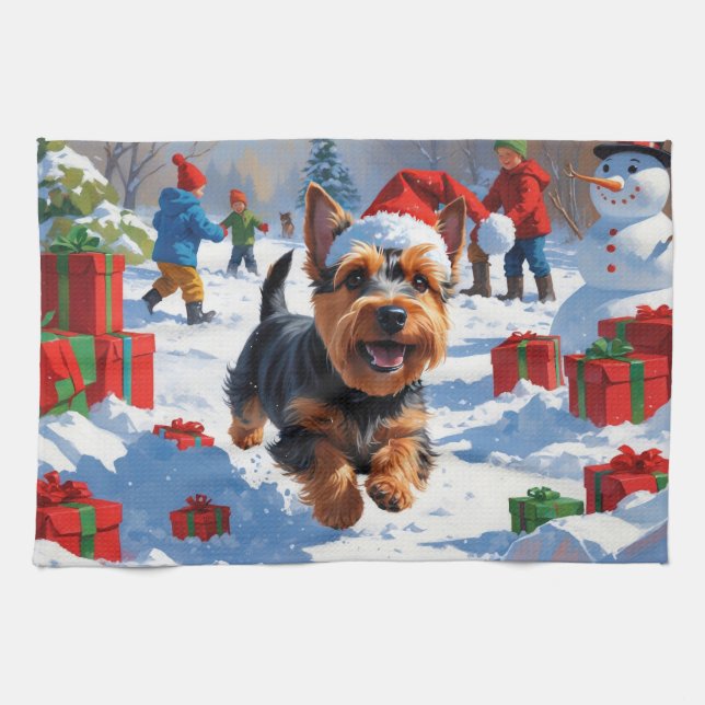 Scottish Terrier Running Snow with Christmas Hat Kitchen Towel (Horizontal)