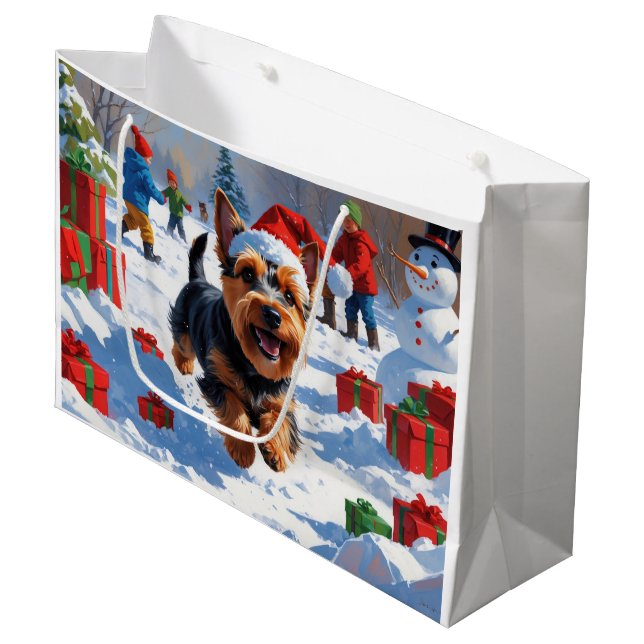 Scottish Terrier Running Snow with Christmas Hat Large Gift Bag (Front Angled)