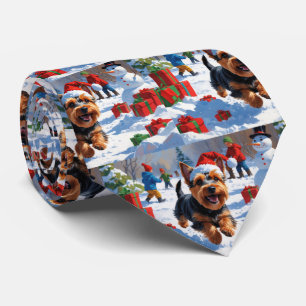 Scottish Terrier Running Snow with Christmas Hat Neck Tie