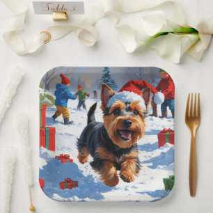 Scottish Terrier Running Snow with Christmas Hat Paper Plates