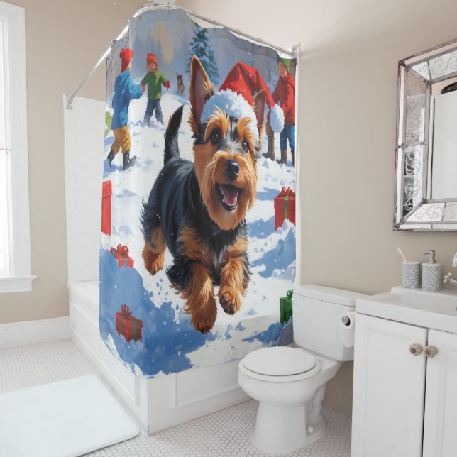 Scottish Terrier Running Snow with Christmas Hat Shower Curtain (In Situ)