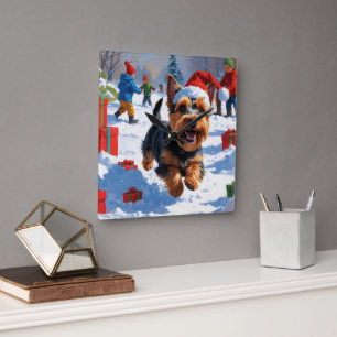 Scottish Terrier Running Snow with Christmas Hat Square Wall Clock