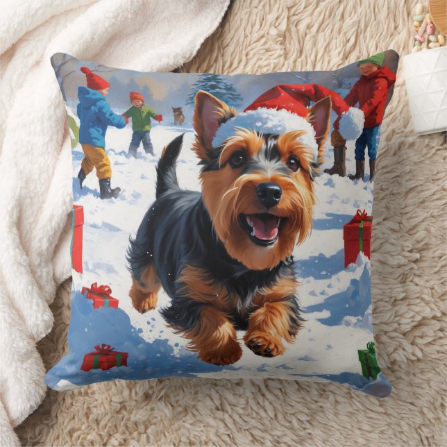 Scottish Terrier Running Snow with Christmas Hat Throw Pillow (Blanket)